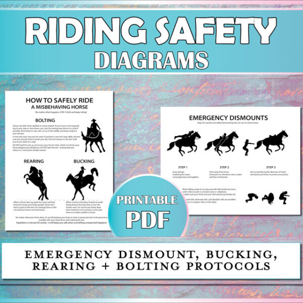 Horseback riding safety diagrams show horse riders how to safely ride bucking, rearing, and bolting horses and how to perform an emergency dismount from a horse.