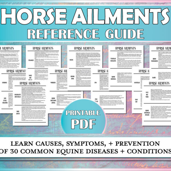 Reference guide for horse diseases, ailments, and conditions showing the causes, symptoms, treatment, and prevention of 30 equine ailments.